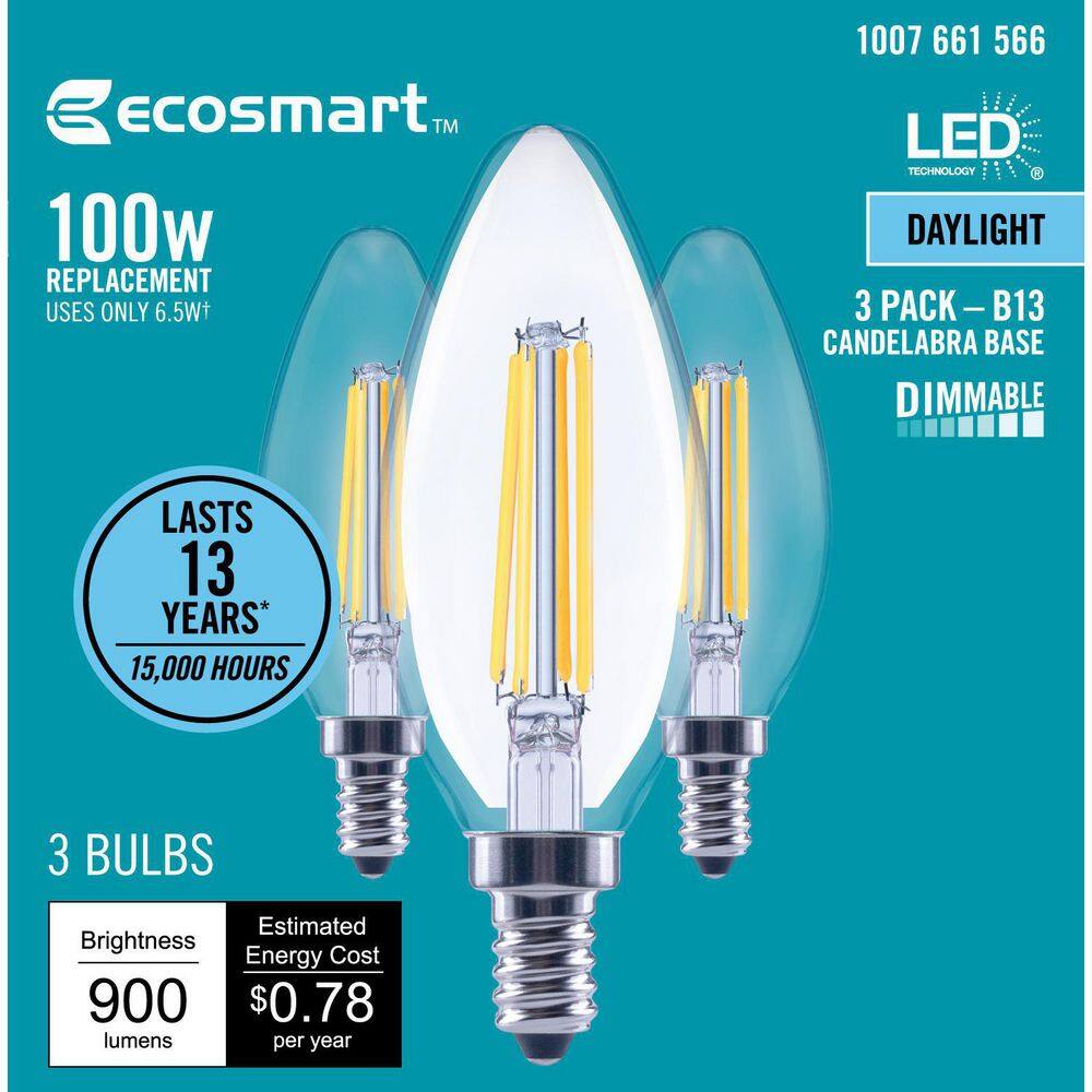 EcoSmart 100-Watt Equivalent B13 Dimmable Blunt Tip Clear Glass Candelabra Base LED Vintage Edison Light Bulb Daylight (3-Pack) B131H950DE12C1A