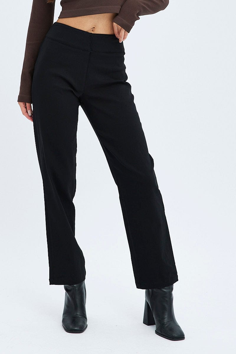 Black Straight Fit Pants Mid Rise