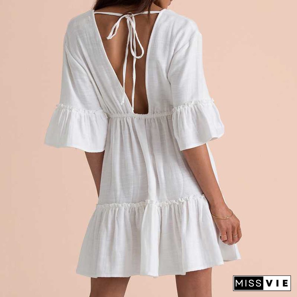 White Midi Sleeve Deep V Back Frill Mini Dress