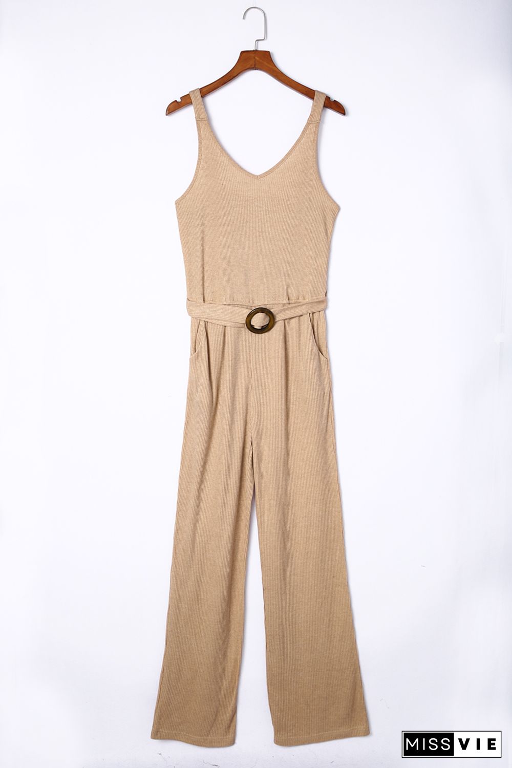 Apricot Casual Sleeveless Buckle Sash Knit Jumpsuit