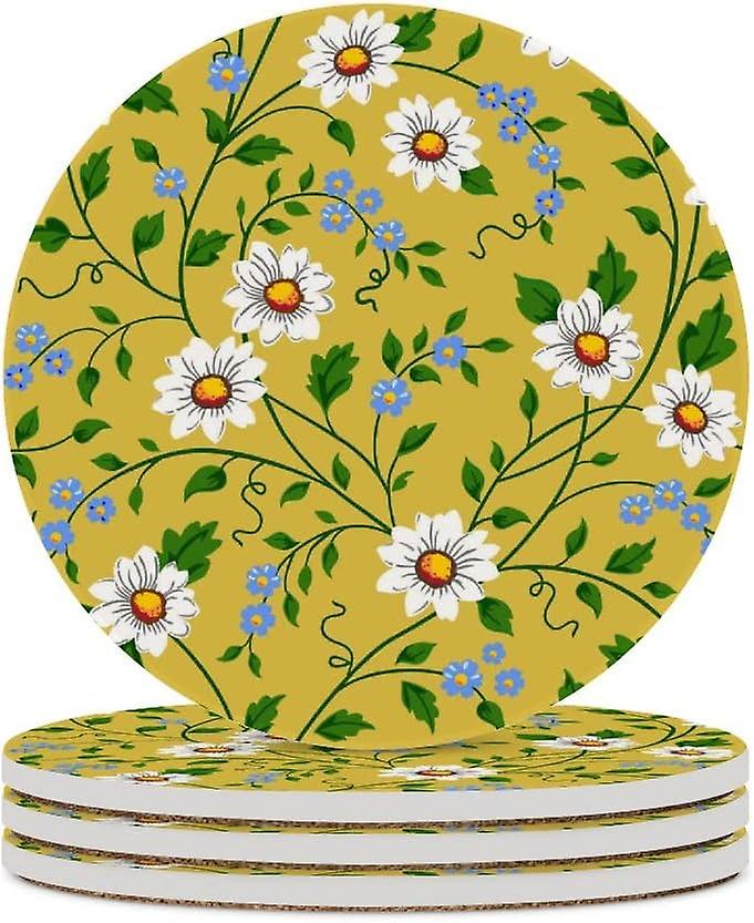 1pc Round Beautiful Daisy Flowers Ceramic Coasters With Cork-backed For Coffee Drink Cup Mat Absorbent Stone Coasters