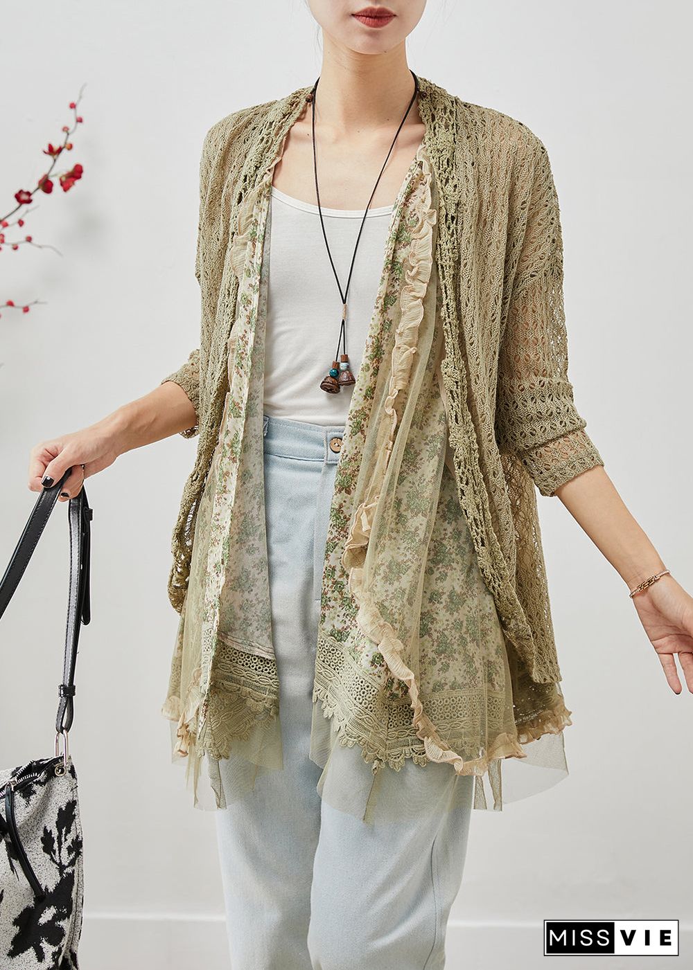 Elegant Green Ruffled Patchwork Hollow Out Lace Cardigans Fall