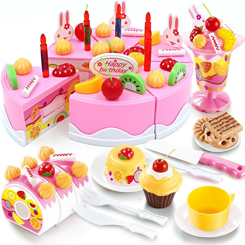 Birthday Cake Toy Play Food Set 75 Pieces Plastic Kitchen Cutting Toy Pretend Play Mundo Toys