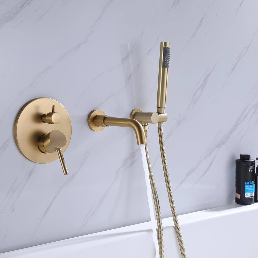 Hlihome Double-Handle Wall Mounted Roman Tub Faucet with Hand Shower in Brushed Gold RBDK-0908-BG