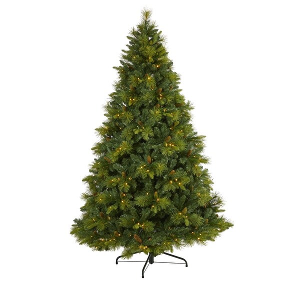 7.5' North Carolina Mixed Pine Artificial Christmas Tree with 470 Warm White LED Lights，1895 Bendable Branches and Pinecones