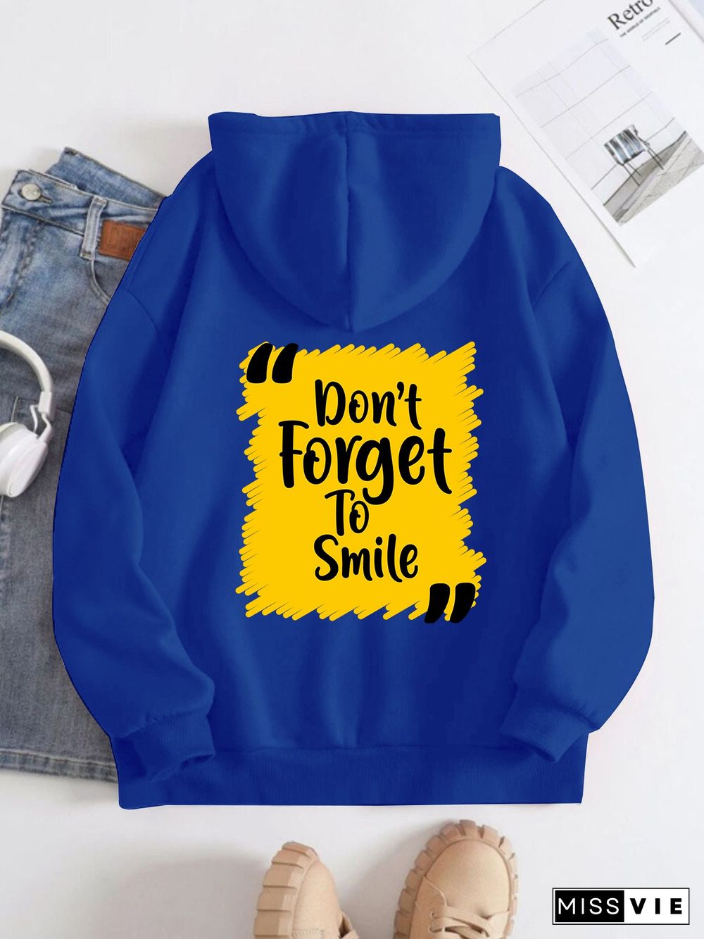 Printed on the Back Kangaroo Pocket Hoodie Long Sleeve for Women Pattern Don't Forget to Smile