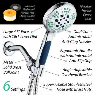 Hotel Spa Antimicrobial 6-Spray 4.3 in. High Pressure Single Wall Mount Handheld Adjustable Shower Head in Chrome 6732