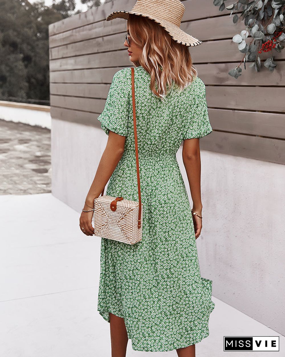 Short Sleeve Tie Waist V Neck Collar Midi Dress