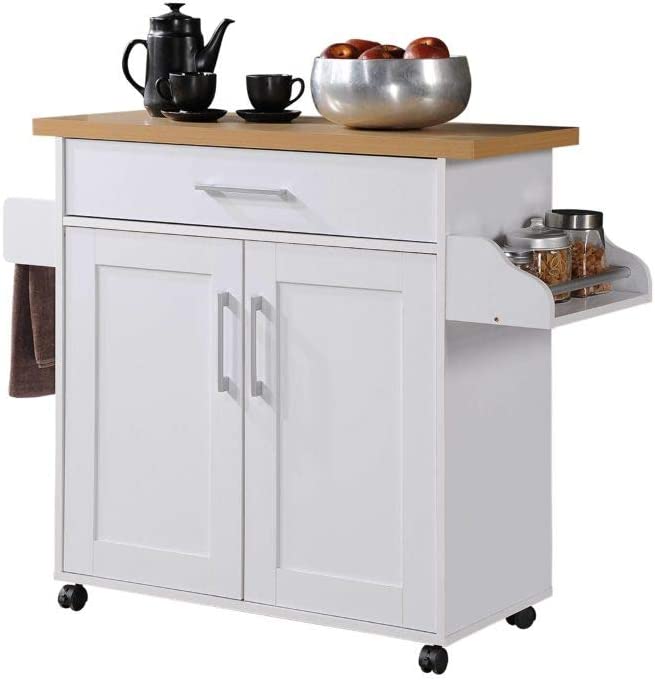 Hodedah Kitchen Island with Spice Rack， Towel Rack and Drawer， White with Beech Top， 15.5 x 35.5-44.9 x 35.2 inches