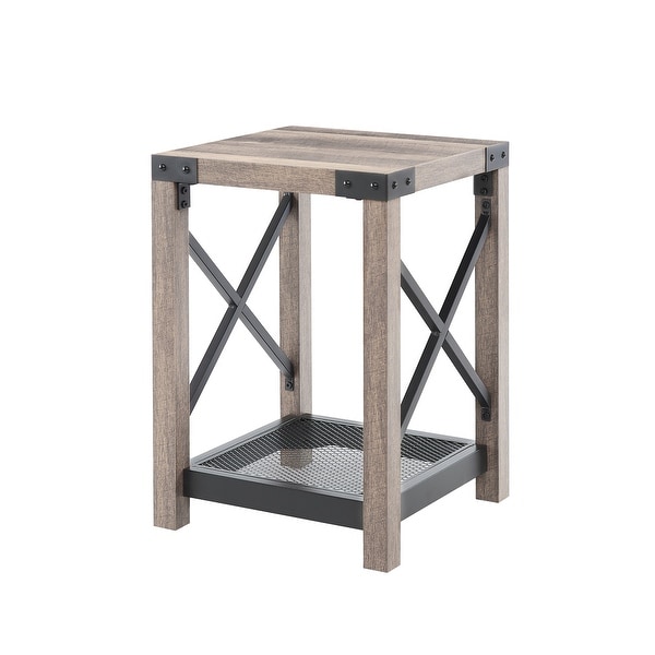 Wood Side Table with Mesh Shelf X-Design Side Nightstand Storage Shelf