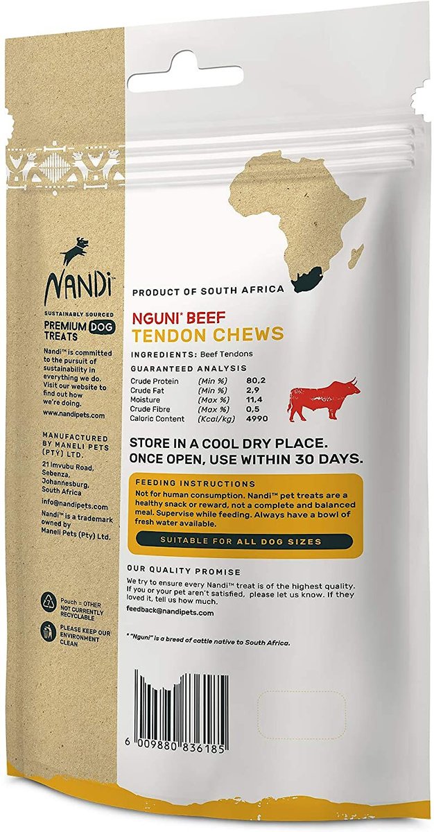 Nandi Nguni Beef Tendon Chews Dog Treats， 3.5-oz bag