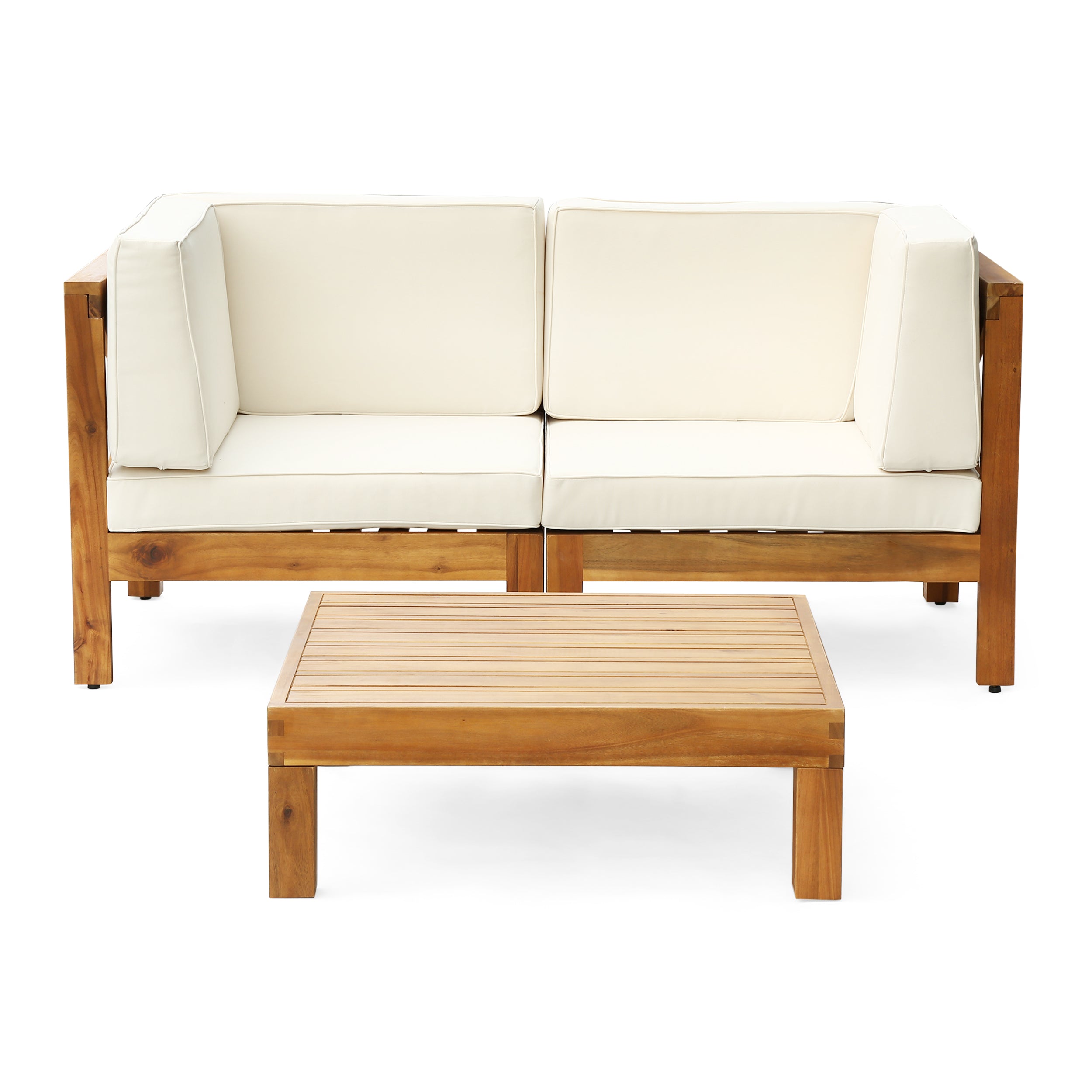 Brava Outdoor Modular Acacia Wood Sofa with Cushions and Coffee Table Set