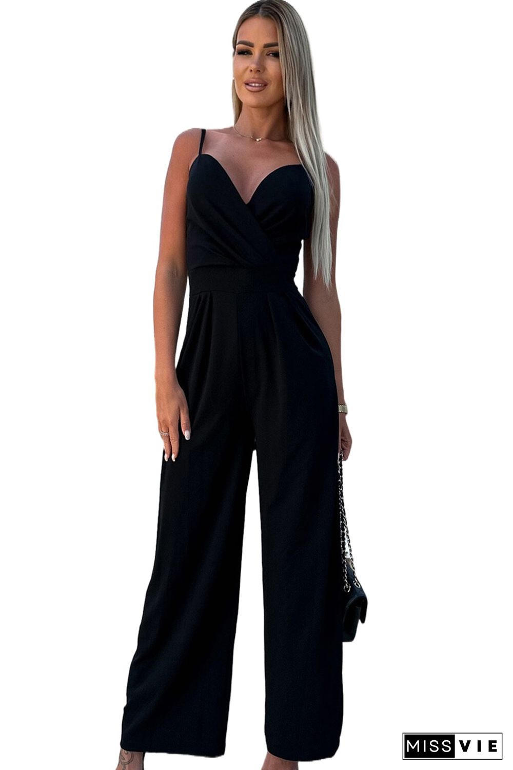 Black Wrap V-Neck Sleeveless Pleat Wide Leg Jumpsuit