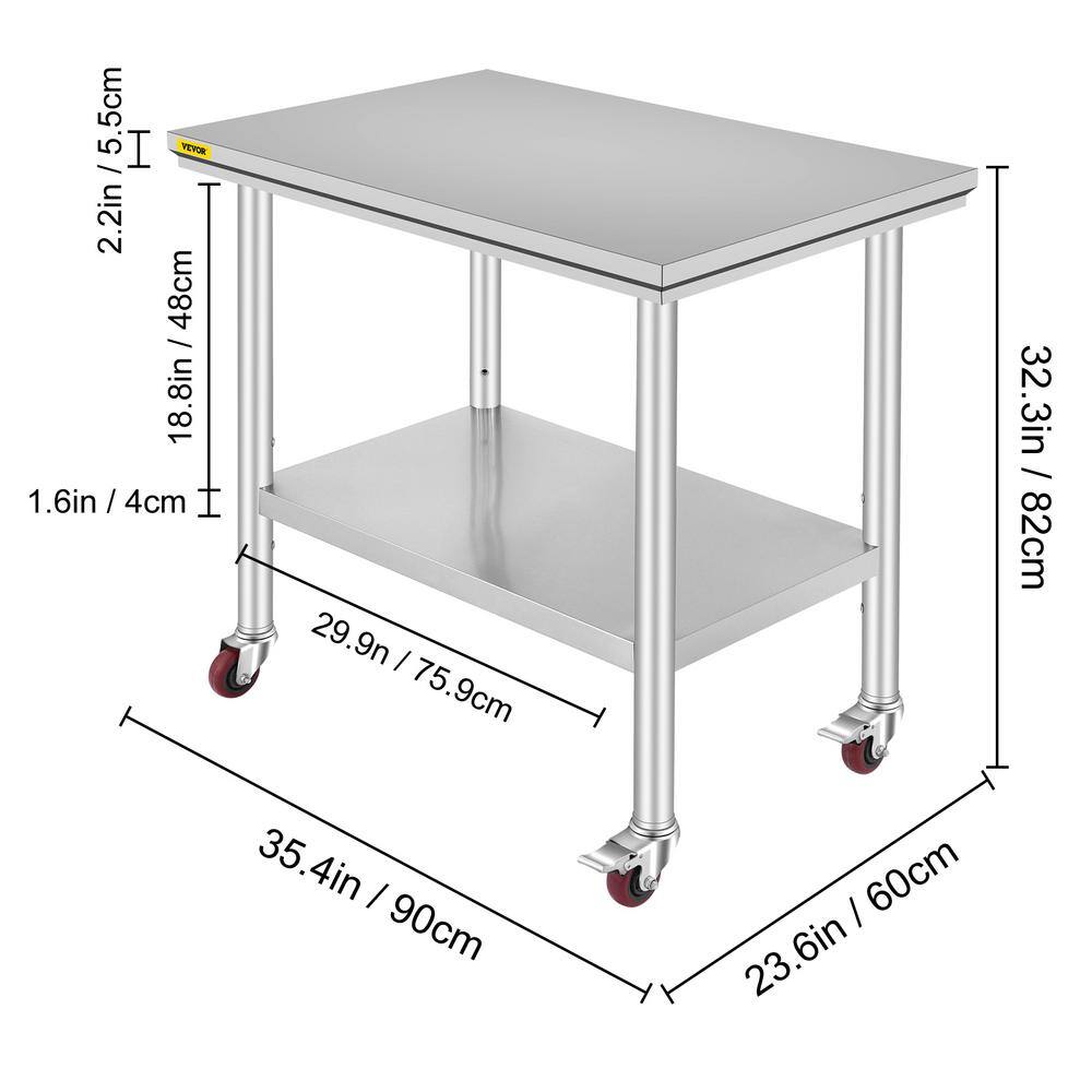 VEVOR Stainless Steel Rolling Table 35.4 x 23.6 in. Kitchen Prep Table with 4 Wheels Kitchen Utility Table Silver SYGZT36X24INDJL01V0