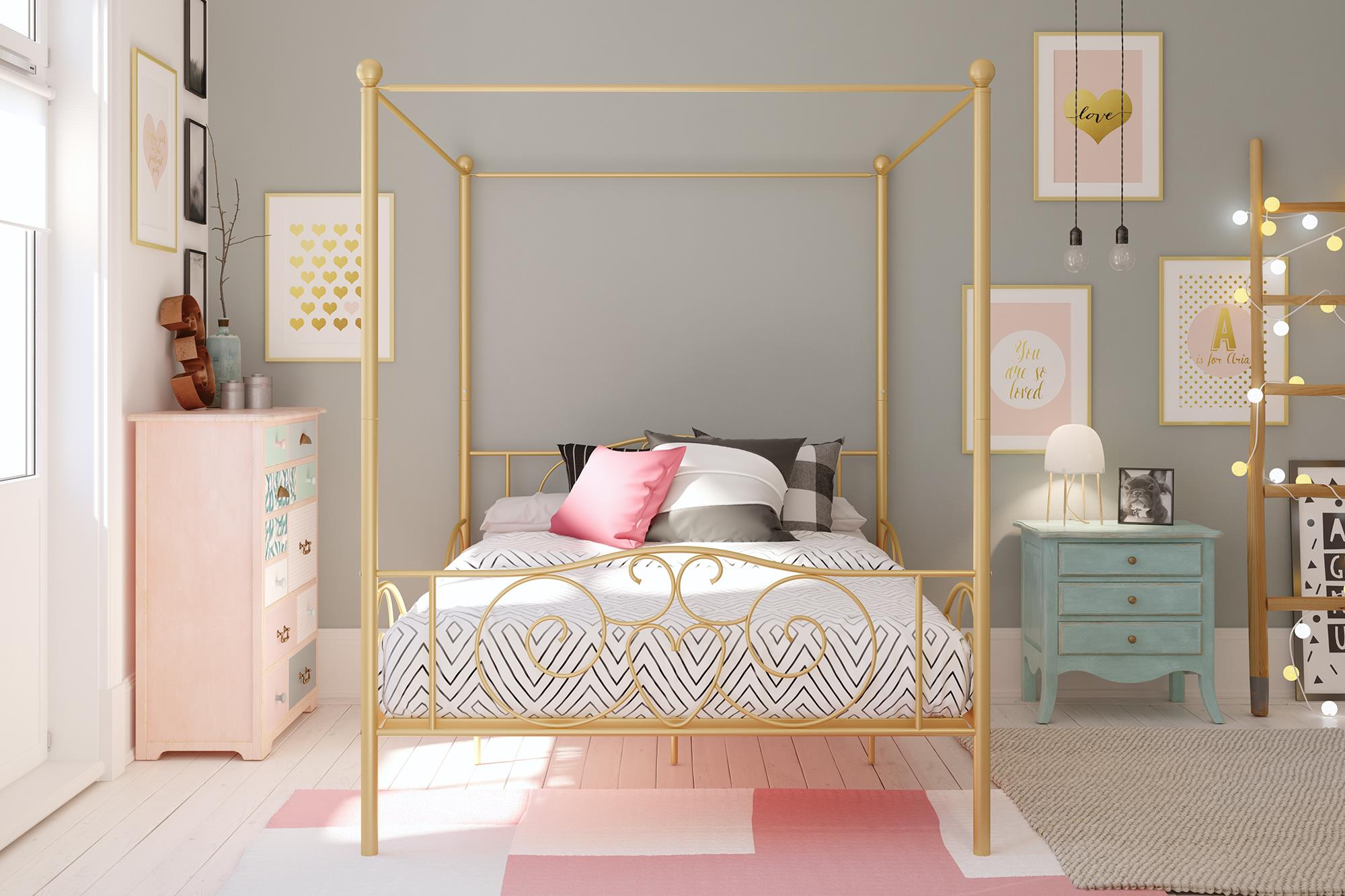 Elm & Oak Metal Canopy Kids Poster Bed, Full, Gold