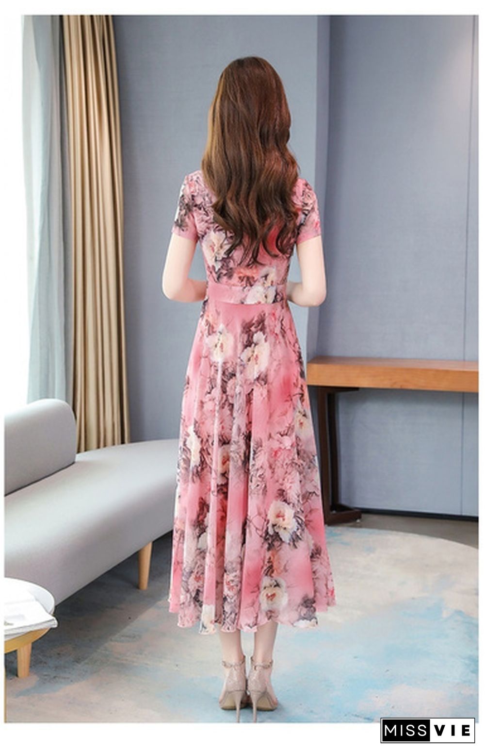 Ice Silk Long Skirt Summer Temperament Flower Long Skirt Retro Elegant Dress