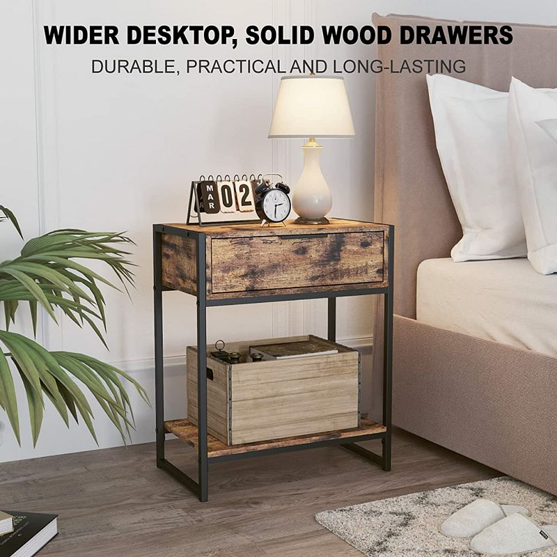 Year Color Industrial 2-Tier Nightstand with Drawer and Side Table for Small Spaces， Living Rooms， and Bedrooms.