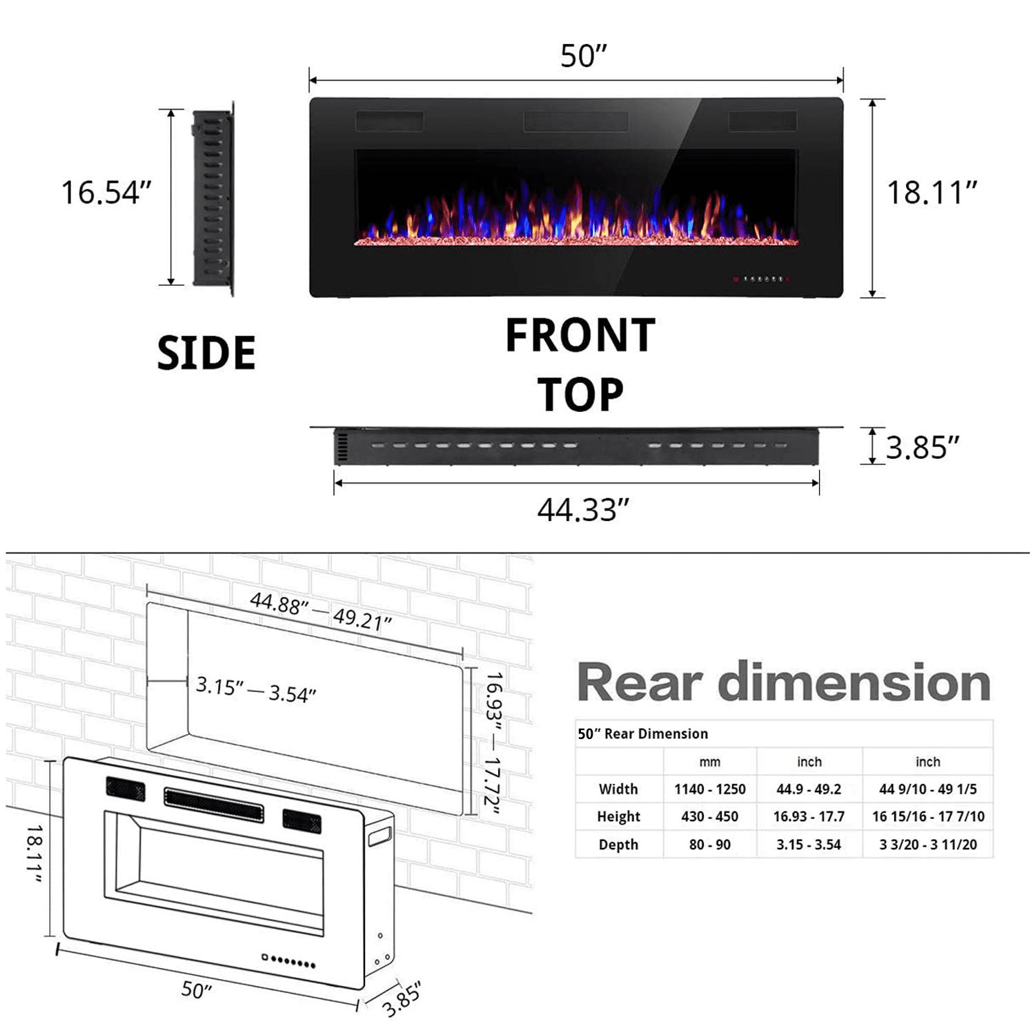 YUKOOL 50" Electric Fireplace Built-in and Wall Mount, Touch Screen, Remote