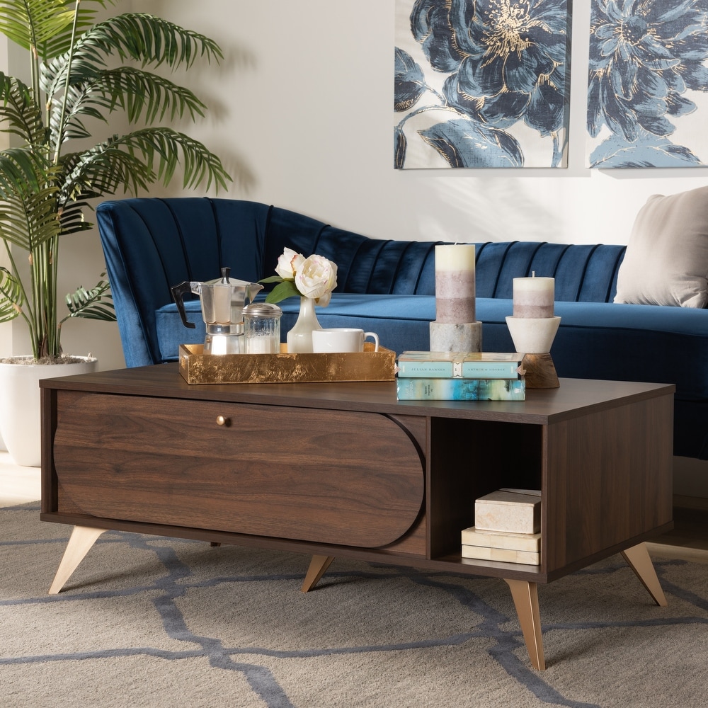 Edel Mid Century Walnut Brown and Gold Finished Wood Coffee Table