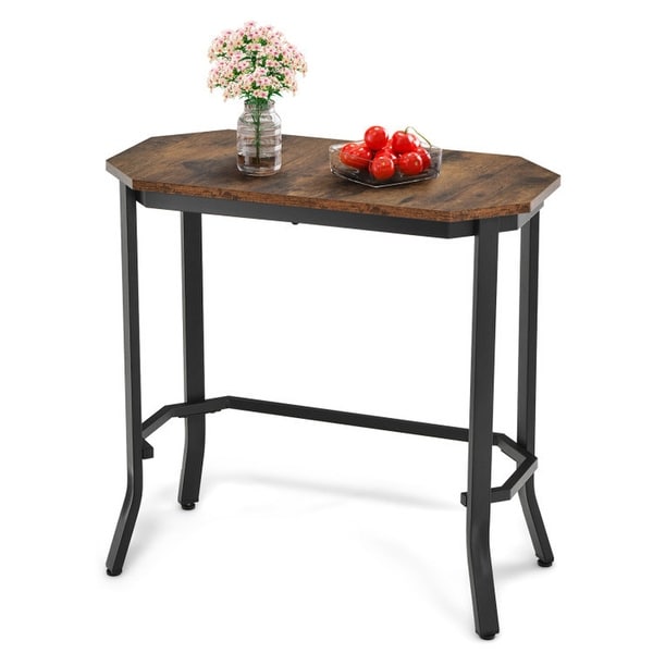 Steel Frame Narrow End Table with Rustic Wood Grain and Stable