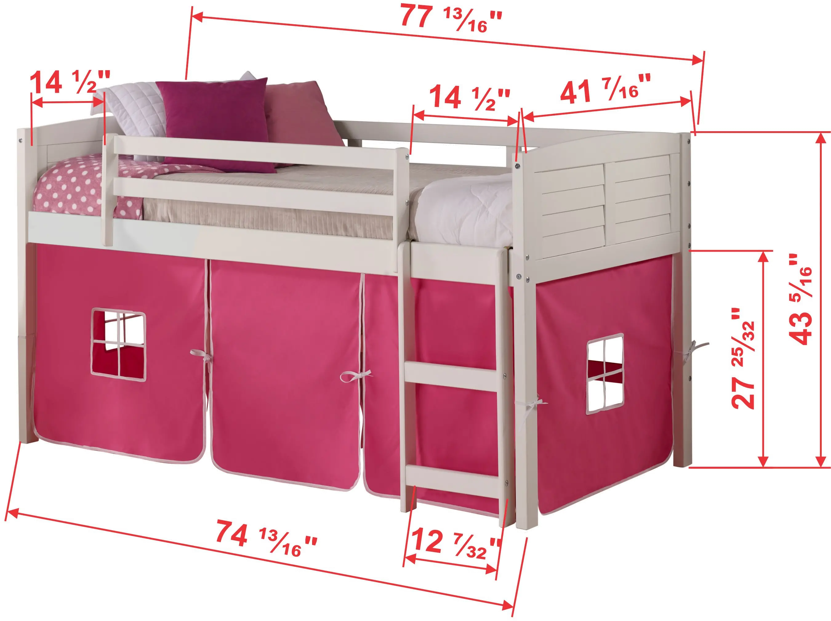 Louver White Twin Loft Bed with Pink Tent