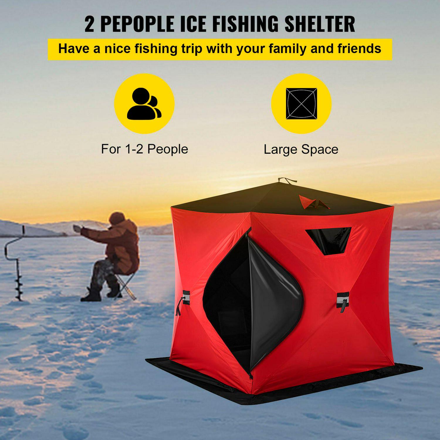 VEVORbrand Waterproof Pop-Up 2-Person Carrying Bag Ice Fishing Shelter with Detachable Ventilation Windows， 300D Oxford Fabric Zippered Door Shanty for Outdoor Fishing， Red