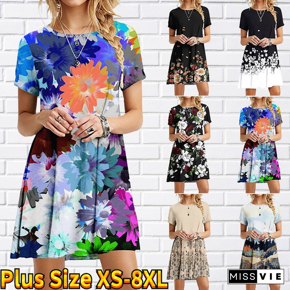 Women's Fashion Dress Flower Leaf Print Women's Casual Dress Summer Beach Short-sleeved Dress Plus Size XS-8XL