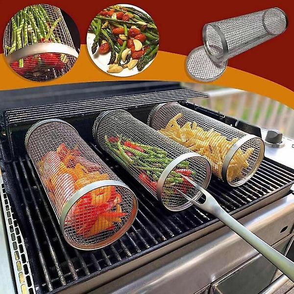 Stainless Steel Grill Multiuse Roaster Rolling Cylinder Basket Portable Mesh Rotating Bbq Cage Barbecue Accessories