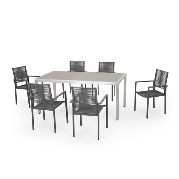 Gaviota Outdoor Modern 6 Seater Aluminum Dining Set with Tempered Glass Table Top by Christopher Knight Home