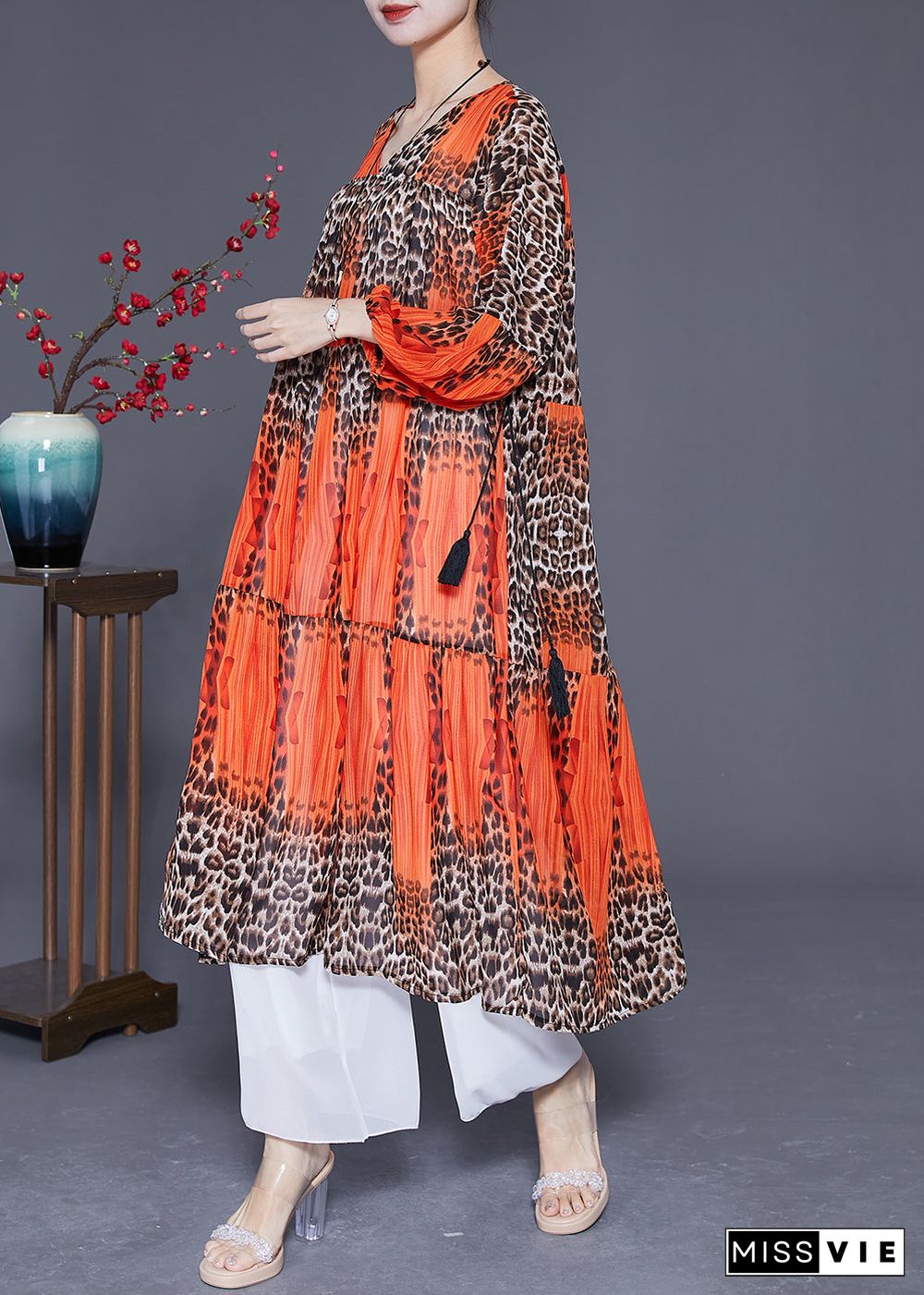 Orange Leopar Print Chiffon Maxi Dress Drawstring Exra Large Hem Summer