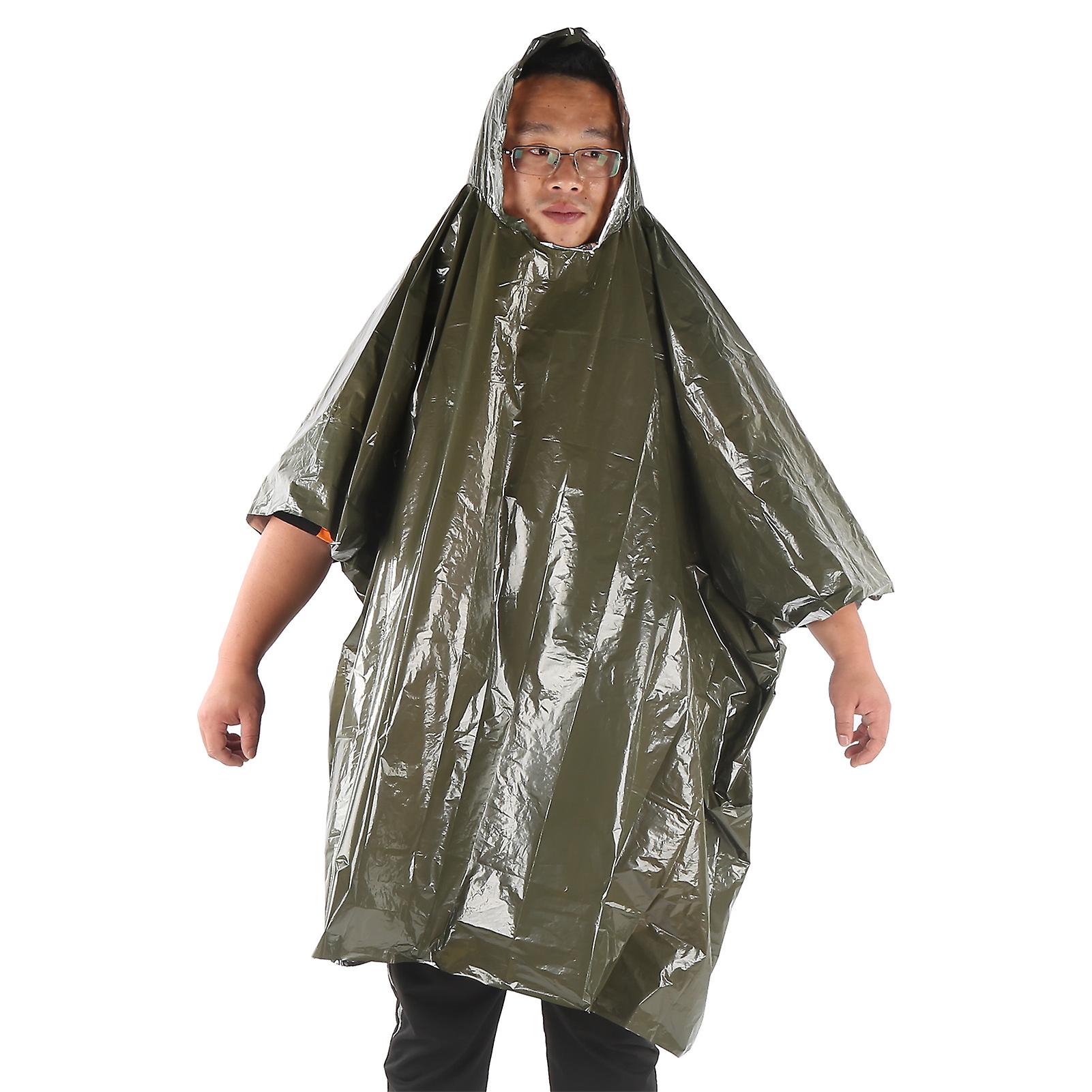 Outdoor Thermal Raincoat With Hood Camping Reusable Cold Insulation Emergency Rainweargreen