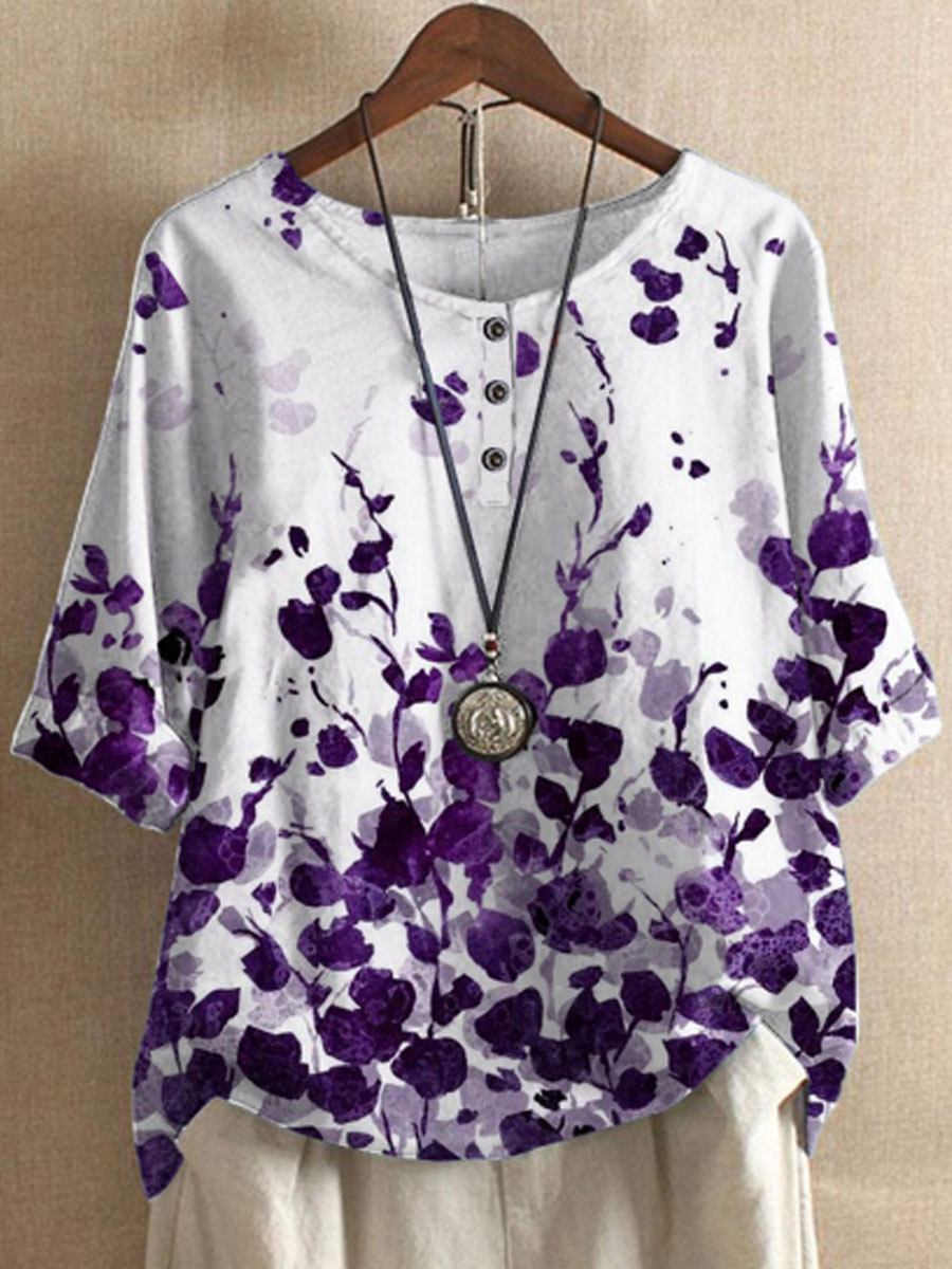 Round Neck Casual Loose Botanical Print Short Sleeve Blouse