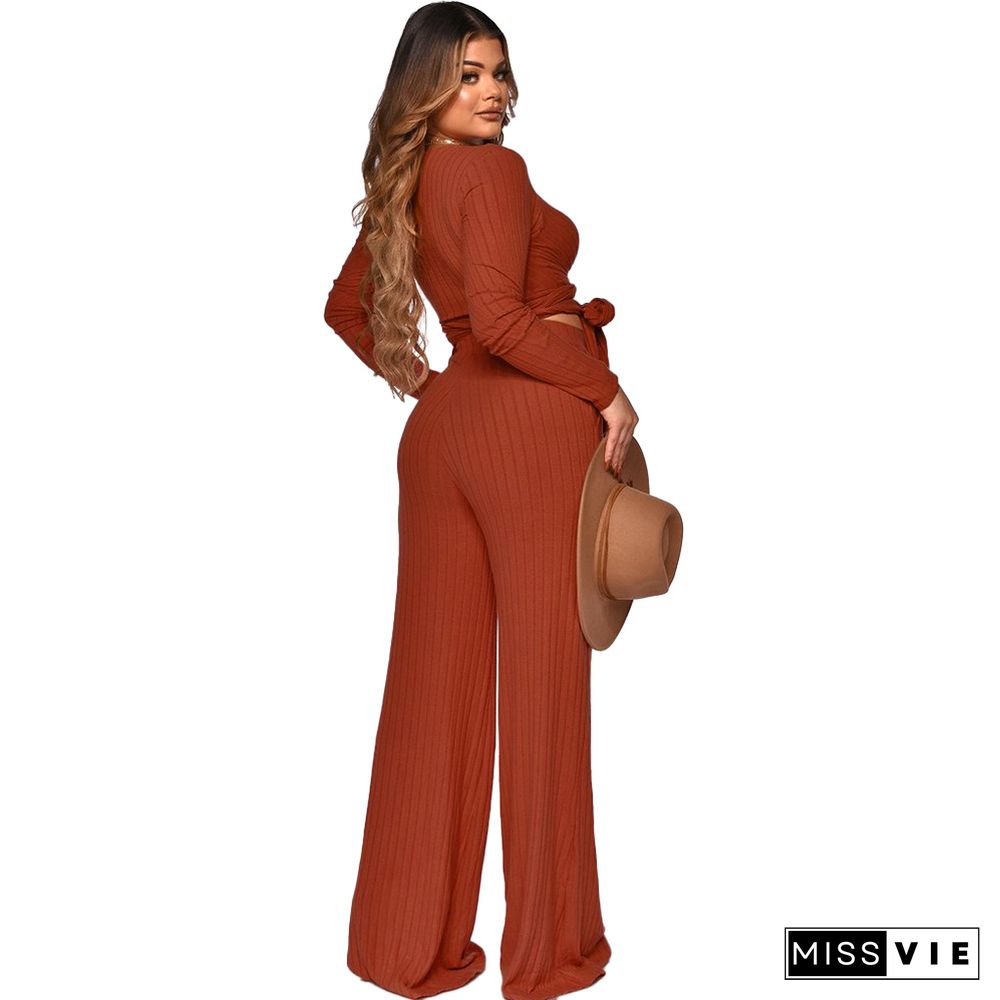 Ribbed Lace Up Crop Tops Wide Leg Pants Set