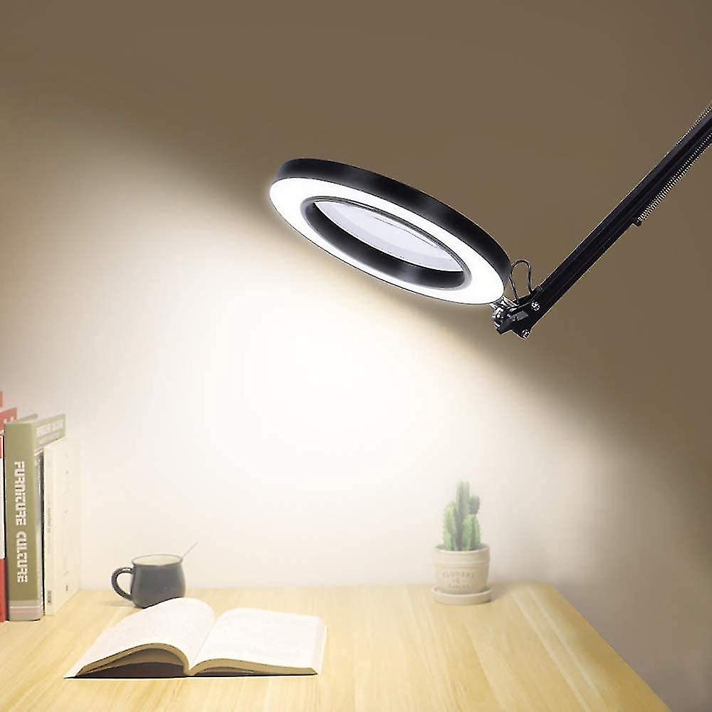 Led Magnifying Lamp With Clamp， 3 Color 5 Diopter Diopter Lighted Magnifier Lamps， Adjustable Swing Arm Lamp