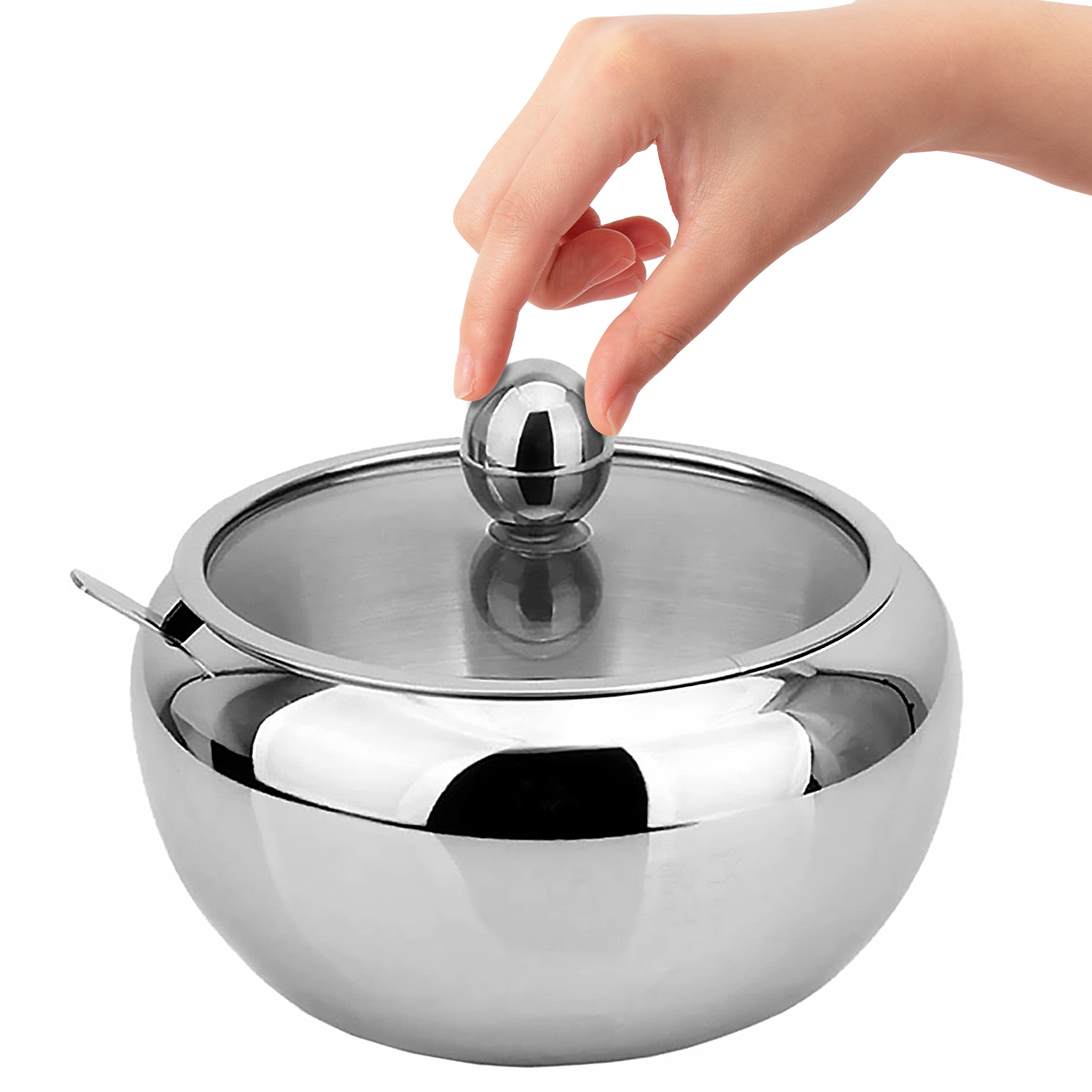 Spice Tools Stainless Steel Sugar Bowl With Clear Glass Lid - For Better Recognition And Spoon For Home And Kitchen Drum Shade 16.9oz-1PACK