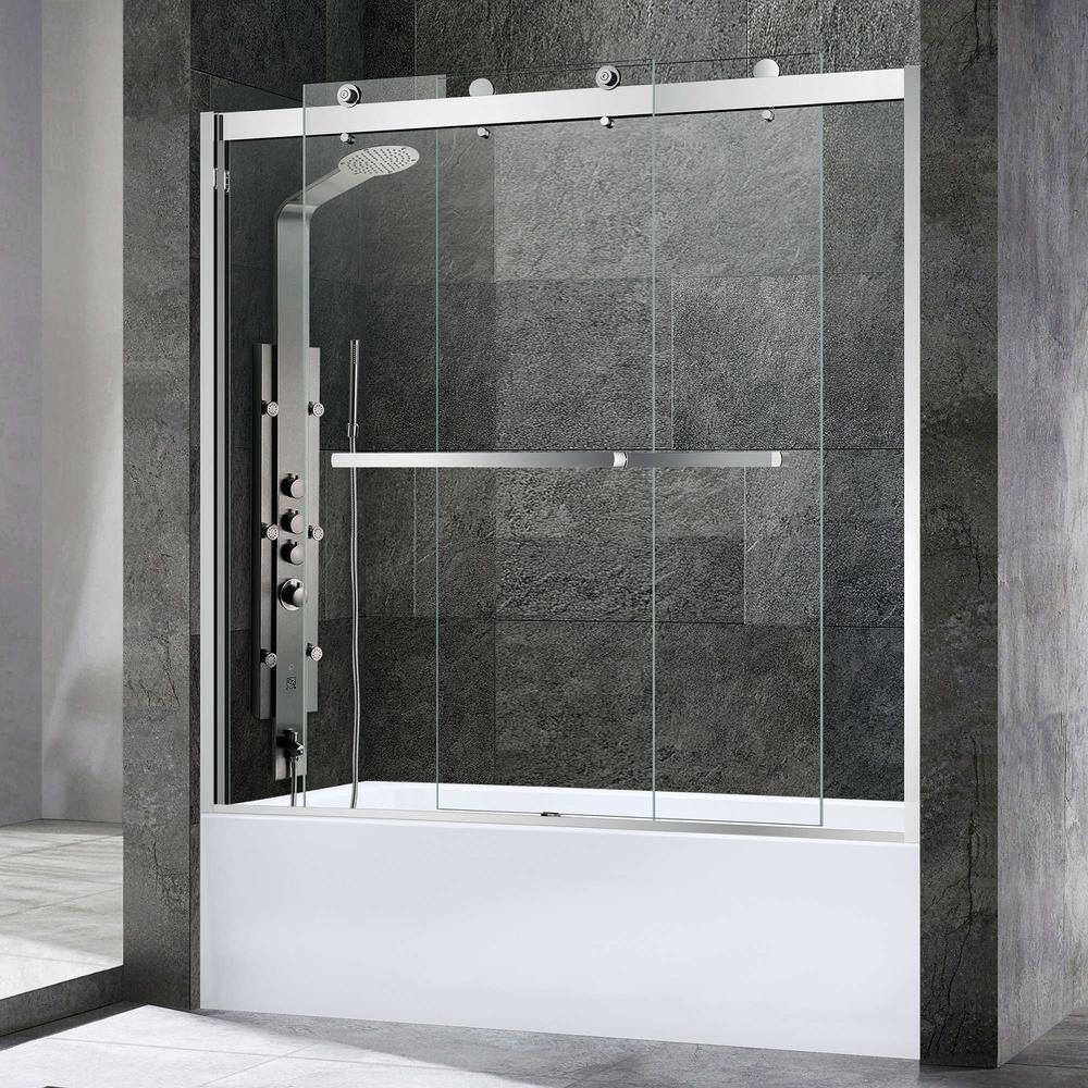 WOODBRIDGE Graceburg 56 in. - 60 in. x 62 in. Frameless Sliding Shower Door with Shatter Retention Glass Opening in Brushed Nickel HSD3624