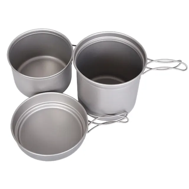 Outdoor Titanium Backpacking Cookware 3 Piece Set  Pot with 350ml Pan for Camping Hiking Open Fire