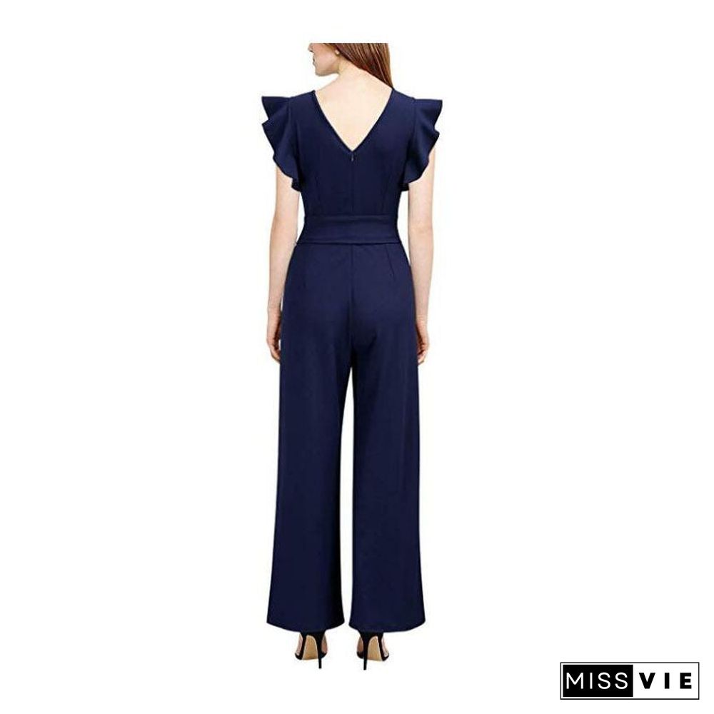 Wide Leg One-piece Pants European and American Women's Dress Ruffle Sleeve Bandage Casual One-piece Pants