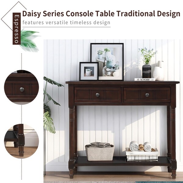 Solid Wood Console Table Side Table with 2 Drawers and Open Bottom Shelf， Traditional Entryway Table Sofa Table for Living Room