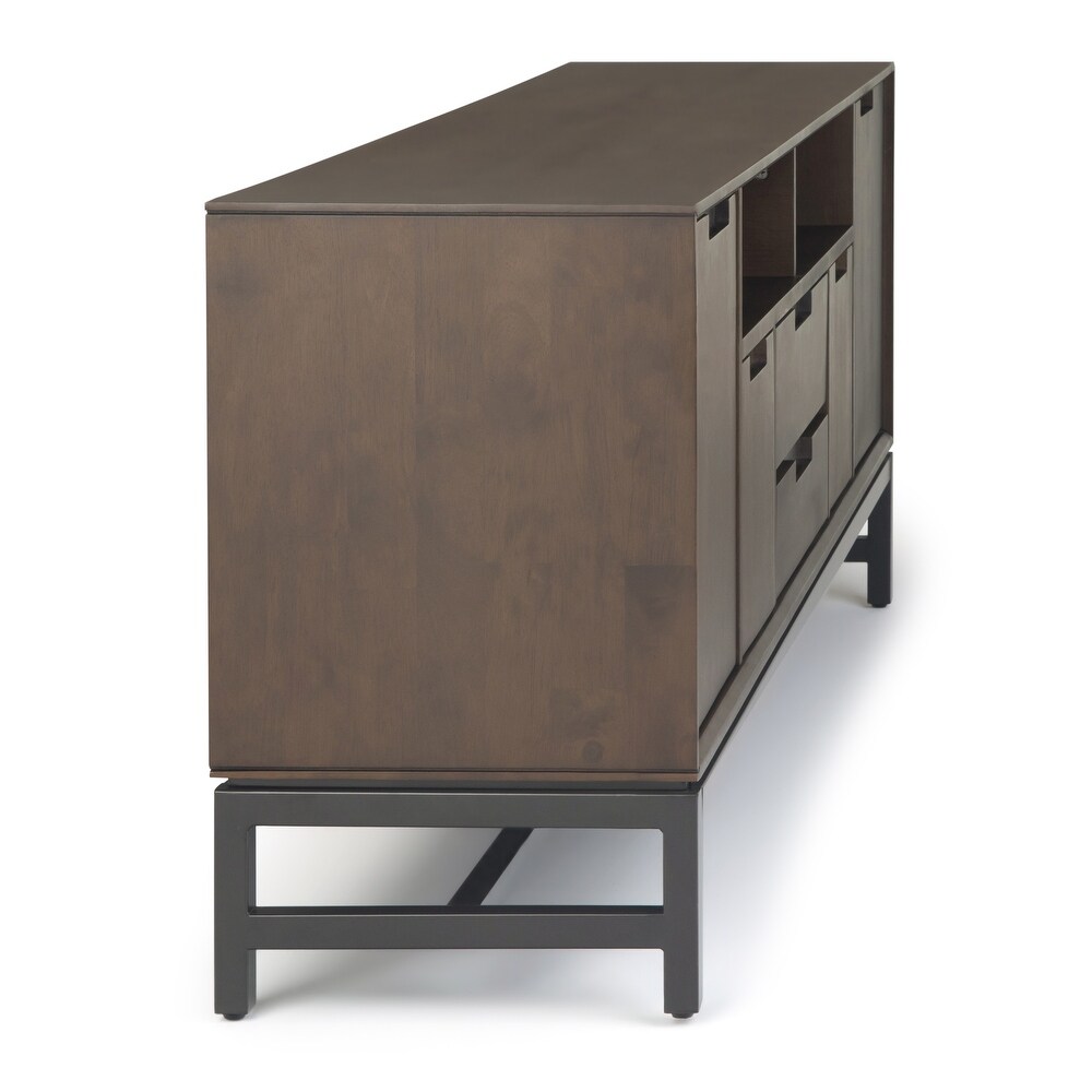 WYNDENHALL Devlin SOLID HARDWOOD 72 inch Wide Industrial TV Media Stand in Walnut Brown For TVs up to 80 inches