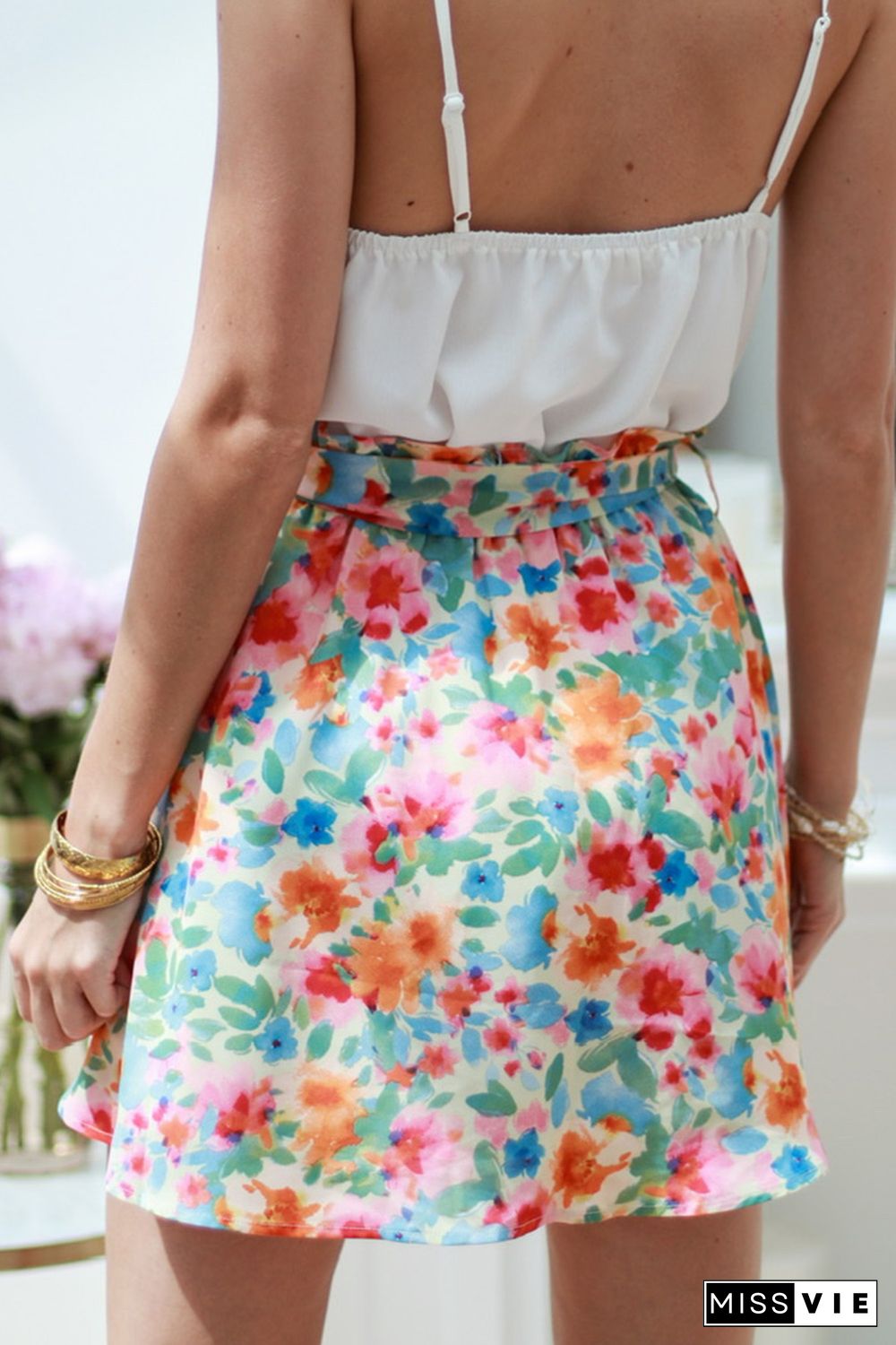 Green Floral Print Waist Tie Mini Skirt