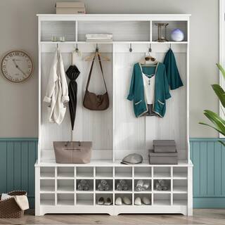 Asucoora Angelique White 60 in. W x 77 in. H Hall Tree with Storage Shelf and Shoe Cubbies TDTS983WH