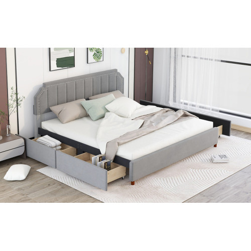 Queen Size Upholstery Platform Bed with Four Stora...