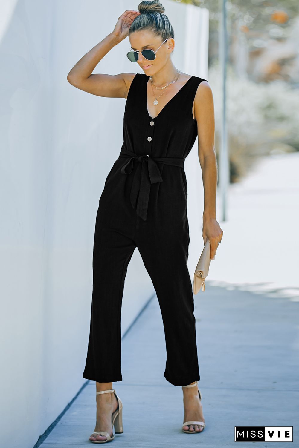 Black V Neck Button Belted Jumpsuit with Pockets