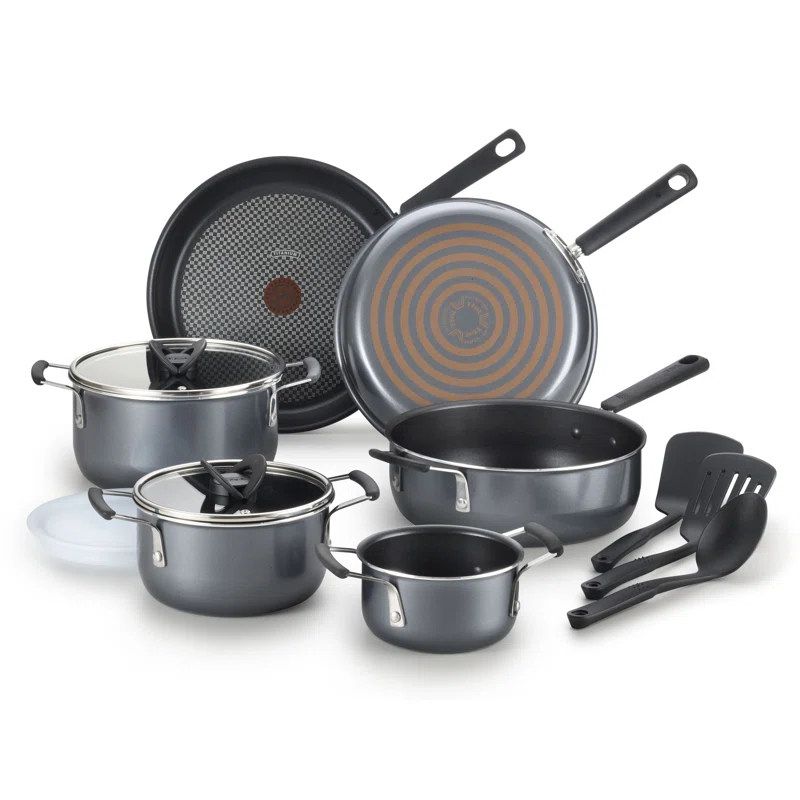 T-fal B063SC74 12-Piece Nonstick Cookware Set with Lids in Grey