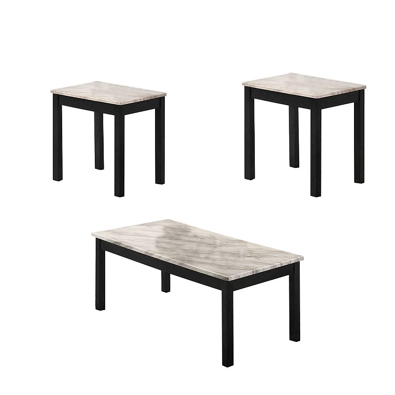 3 Piece Coffee Table and End Table with Faux Marble Top， Black and White