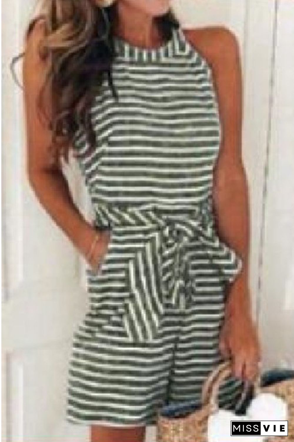 Striped O-Neck Tie Skinny Jumpsuit