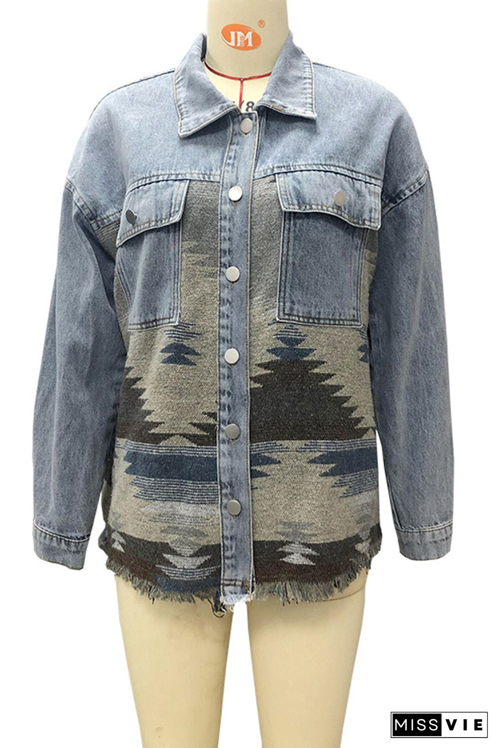 Aztec Splicing Buttons Up Denim Jacket Shacket Wholesale