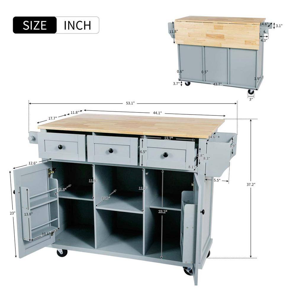 Blue Wood 53 in. W Kitchen Island Cart with Drop Leaf 2-Storage Cabinet 3-Drawers and Storage Rack LN0207MI-CART-2