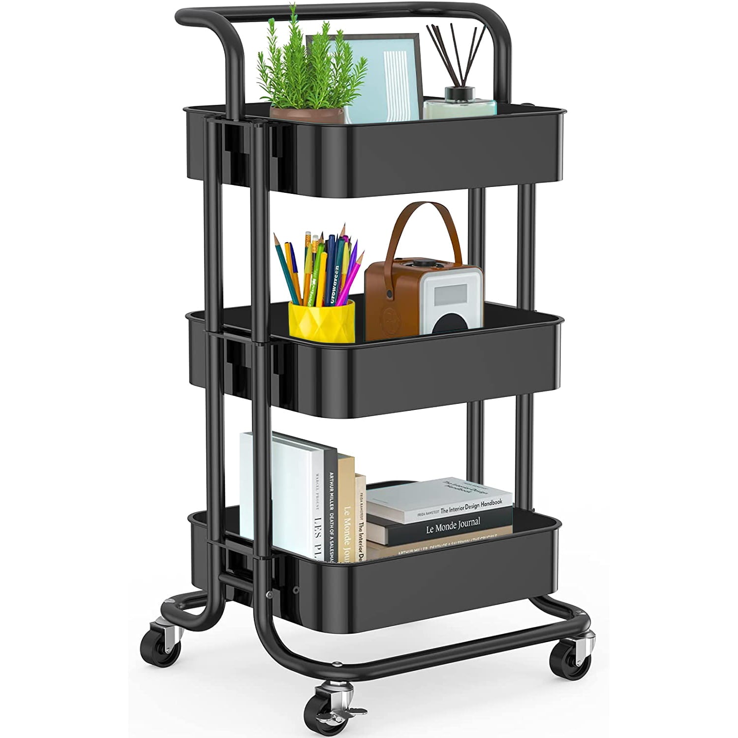 Techvida 3-Tier Rolling Utility Cart， Multifunctional Metal Rolling Utility Cart for Home Office Kitchen， Black